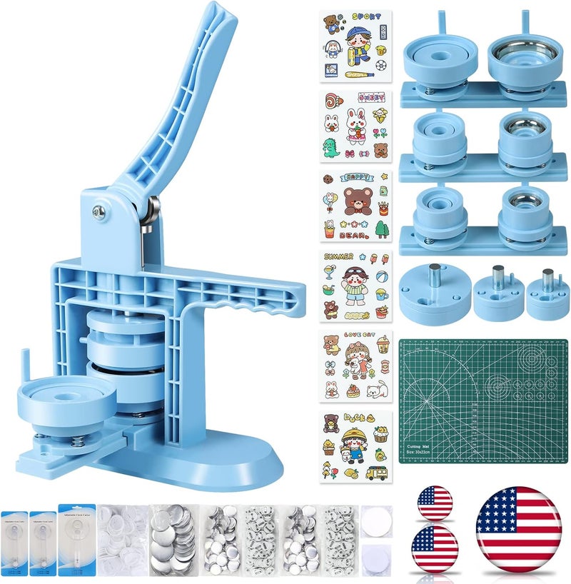Happizza Button Maker Machine Multiple Sizes (4th Gen), Pin Maker 1+1.25+2.25 inch / 25+32+58mm, Badge Button Press Machine with Cutting Mat & 300 Sets Badge Making Supplies & Circle Cutter - Image 1